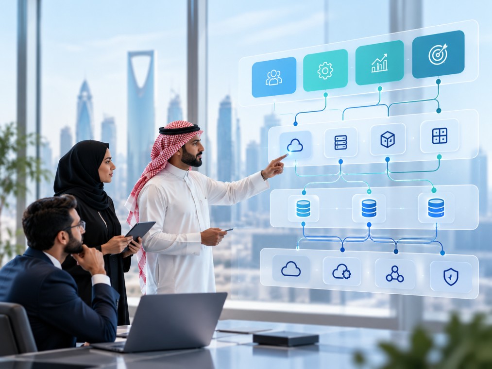 فريق تقني يشرح ترابط مكونات العمارة المؤسسية بصريًا